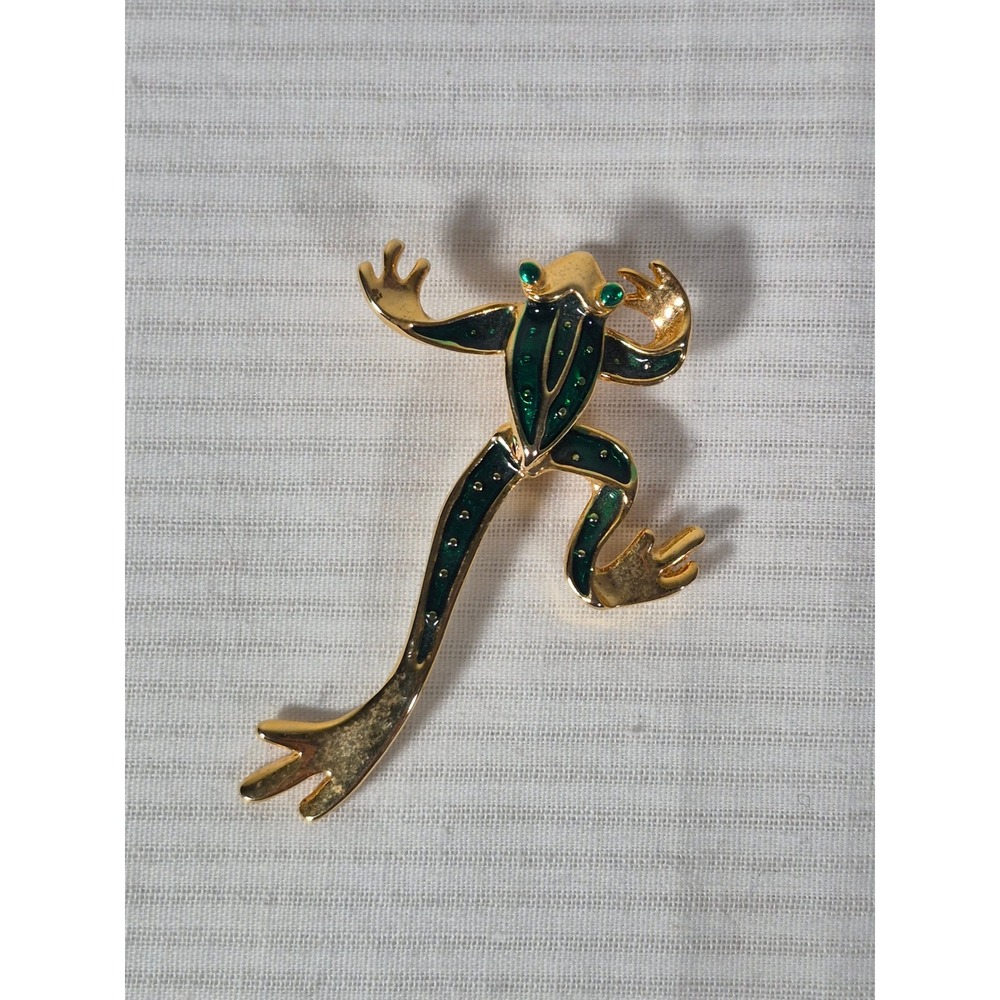 Gold Tone Green Enamel Leaping Frog Brooch Pin with Green Eyes Articulated Legs